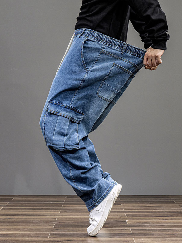 Blugi bărbați pentru primăvară–toamnă, extra-large, croială dreaptă, talie înaltă, elastici, denim de lucru