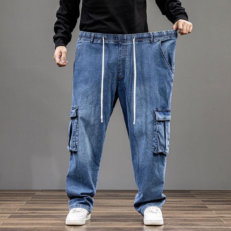 Blugi bărbați pentru primăvară–toamnă, extra-large, croială dreaptă, talie înaltă, elastici, denim de lucru