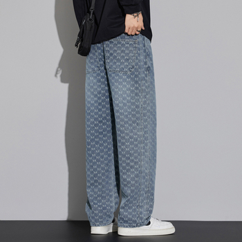 Blugi denim pentru bărbați, toamnă-iarnă, 2025-model, textură, croială dreptă, șnur în talie, croi larg