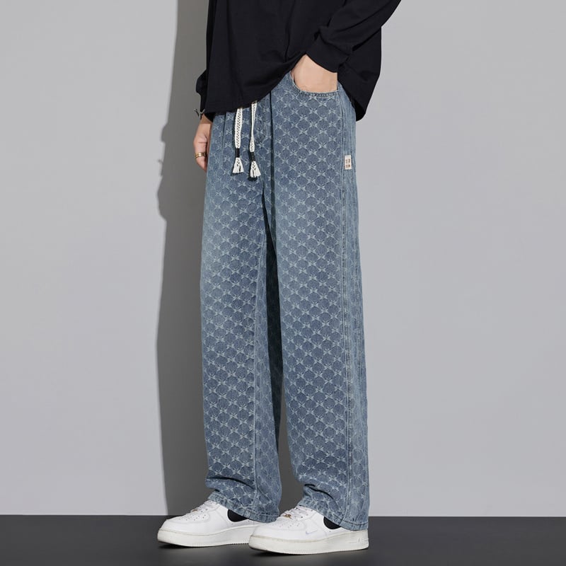 Blugi denim pentru bărbați, toamnă-iarnă, 2025-model, textură, croială dreptă, șnur în talie, croi larg