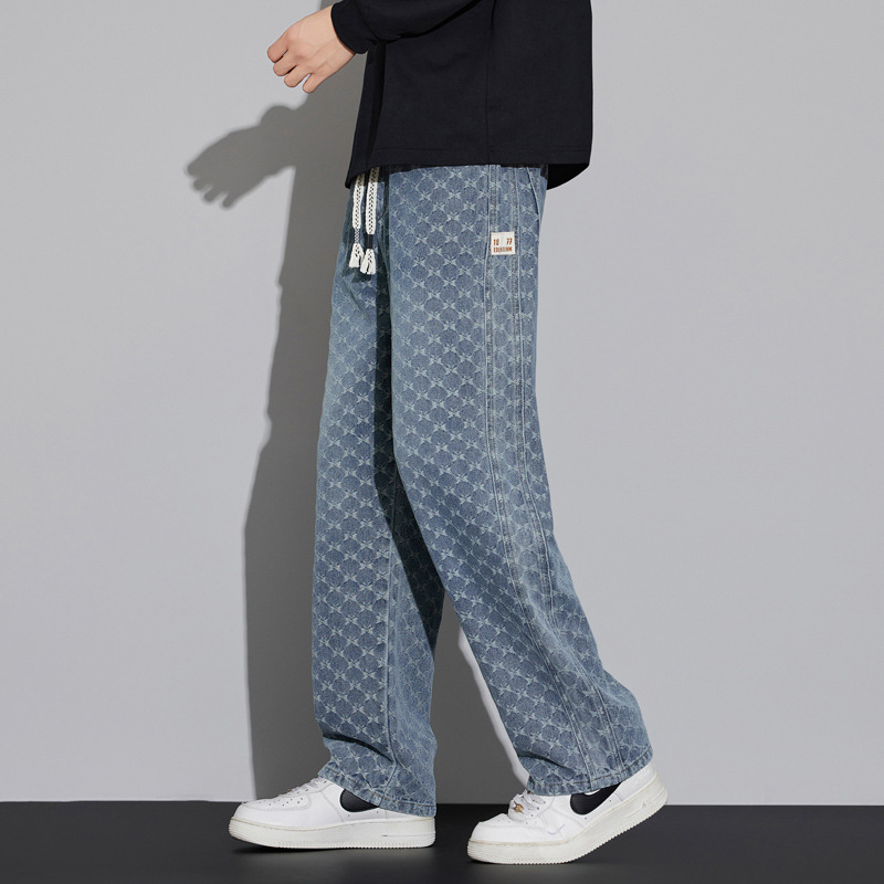 Blugi denim pentru bărbați, toamnă-iarnă, 2025-model, textură, croială dreptă, șnur în talie, croi larg