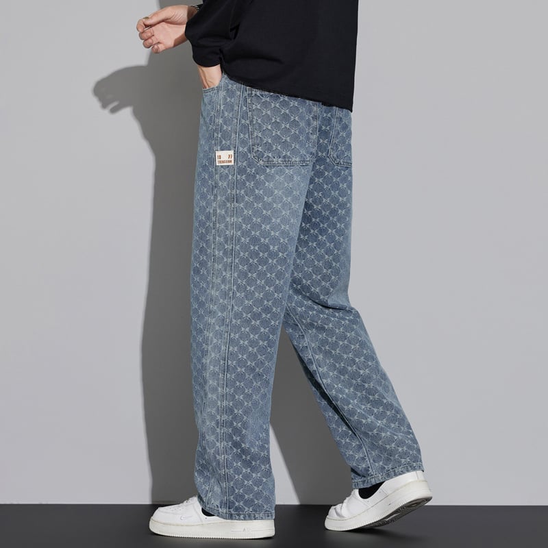 Blugi denim pentru bărbați, toamnă-iarnă, 2025-model, textură, croială dreptă, șnur în talie, croi larg