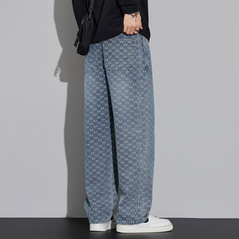 Blugi denim pentru bărbați, toamnă-iarnă, 2025-model, textură, croială dreptă, șnur în talie, croi larg