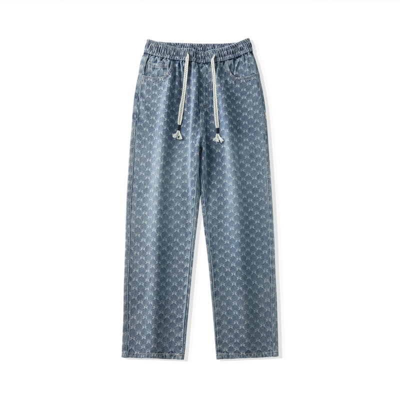 Blugi denim pentru bărbați, toamnă-iarnă, 2025-model, textură, croială dreptă, șnur în talie, croi larg