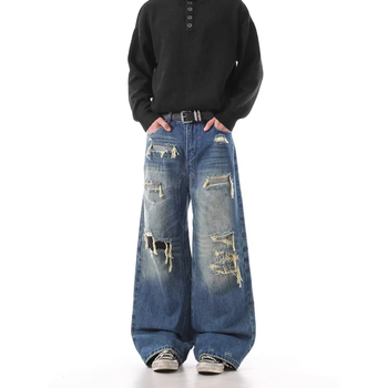 Blugi denim bărbați rupți, talie înaltă, croială relaxată, dreptă cu wide-leg, denim spălat, toamnă-iarnă 2026