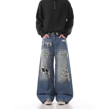 Blugi denim bărbați rupți, talie înaltă, croială relaxată, dreptă cu wide-leg, denim spălat, toamnă-iarnă 2026