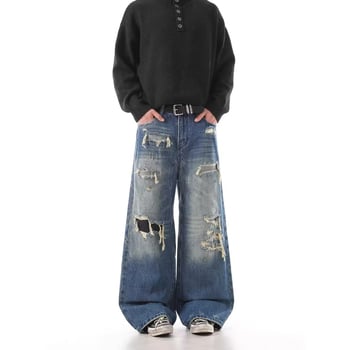 Blugi denim bărbați rupți, talie înaltă, croială relaxată, dreptă cu wide-leg, denim spălat, toamnă-iarnă 2026
