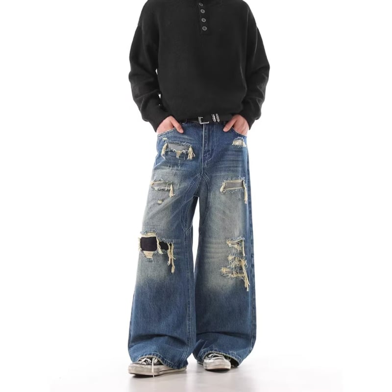 Blugi denim bărbați rupți, talie înaltă, croială relaxată, dreptă cu wide-leg, denim spălat, toamnă-iarnă 2026