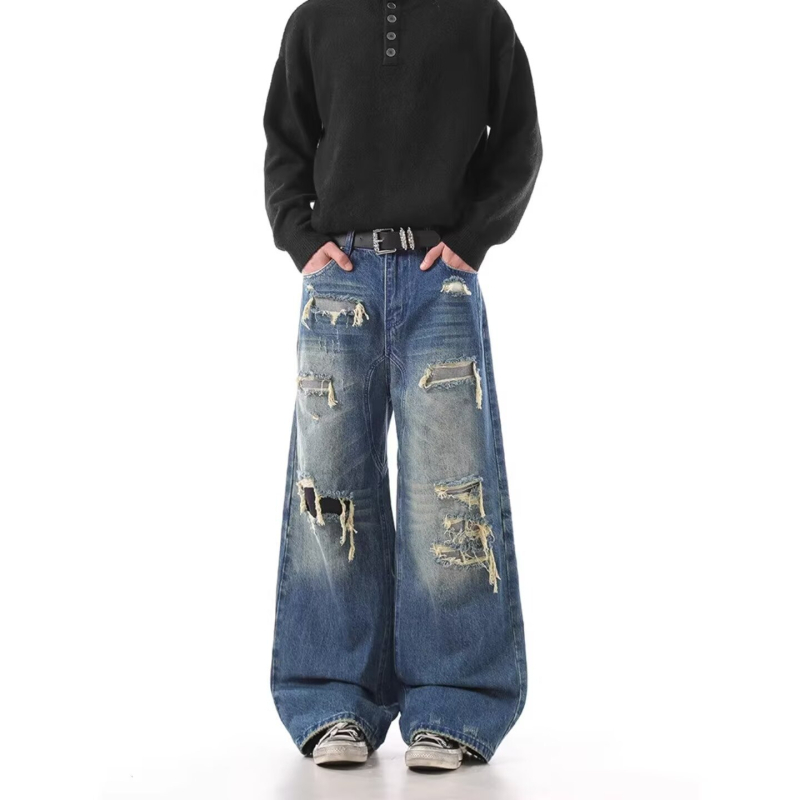 Blugi denim bărbați rupți, talie înaltă, croială relaxată, dreptă cu wide-leg, denim spălat, toamnă-iarnă 2026