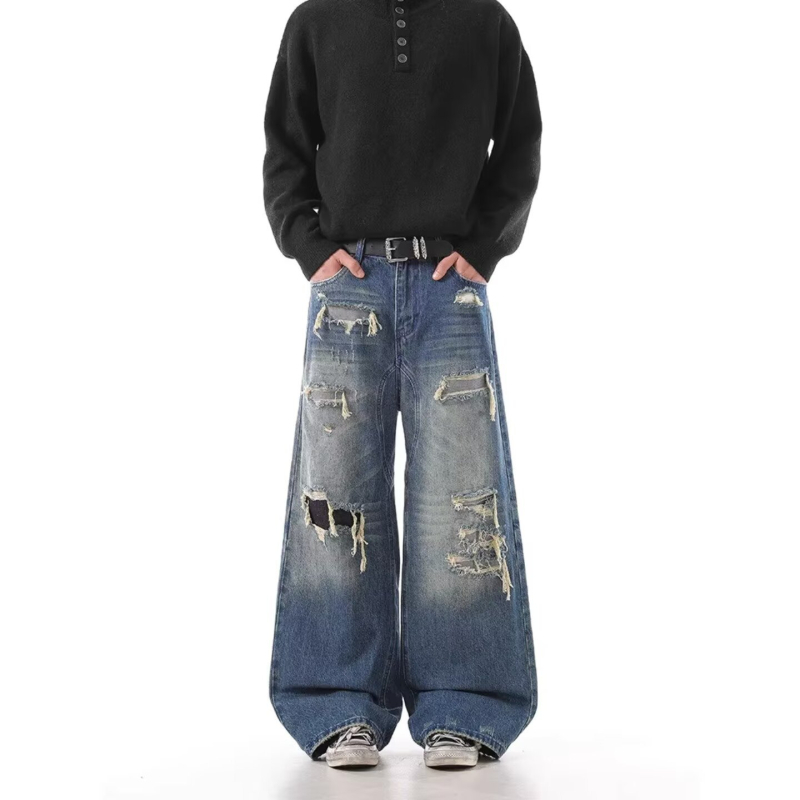 Blugi denim bărbați rupți, talie înaltă, croială relaxată, dreptă cu wide-leg, denim spălat, toamnă-iarnă 2026