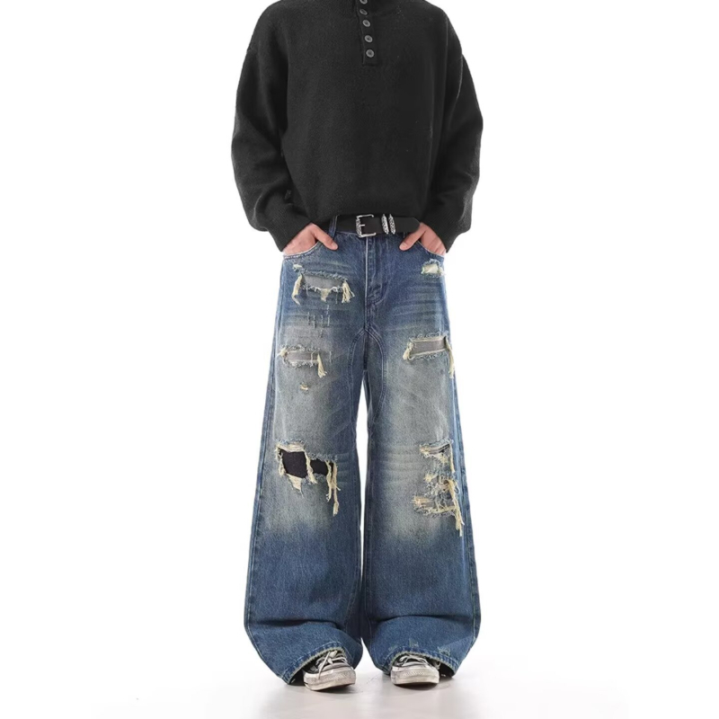 Blugi denim bărbați rupți, talie înaltă, croială relaxată, dreptă cu wide-leg, denim spălat, toamnă-iarnă 2026