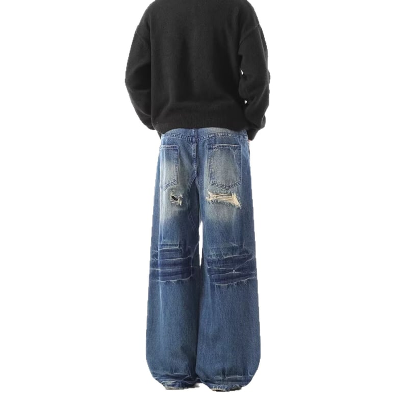 Blugi denim bărbați rupți, talie înaltă, croială relaxată, dreptă cu wide-leg, denim spălat, toamnă-iarnă 2026
