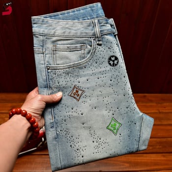 Blugi de denim pentru bărbați cu strasuri, croială dreaptă, stil coreean, albastru, elastici