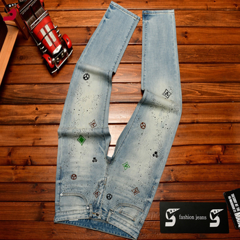 Blugi de denim pentru bărbați cu strasuri, croială dreaptă, stil coreean, albastru, elastici