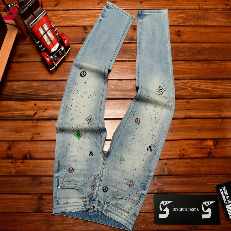 Blugi de denim pentru bărbați cu strasuri, croială dreaptă, stil coreean, albastru, elastici