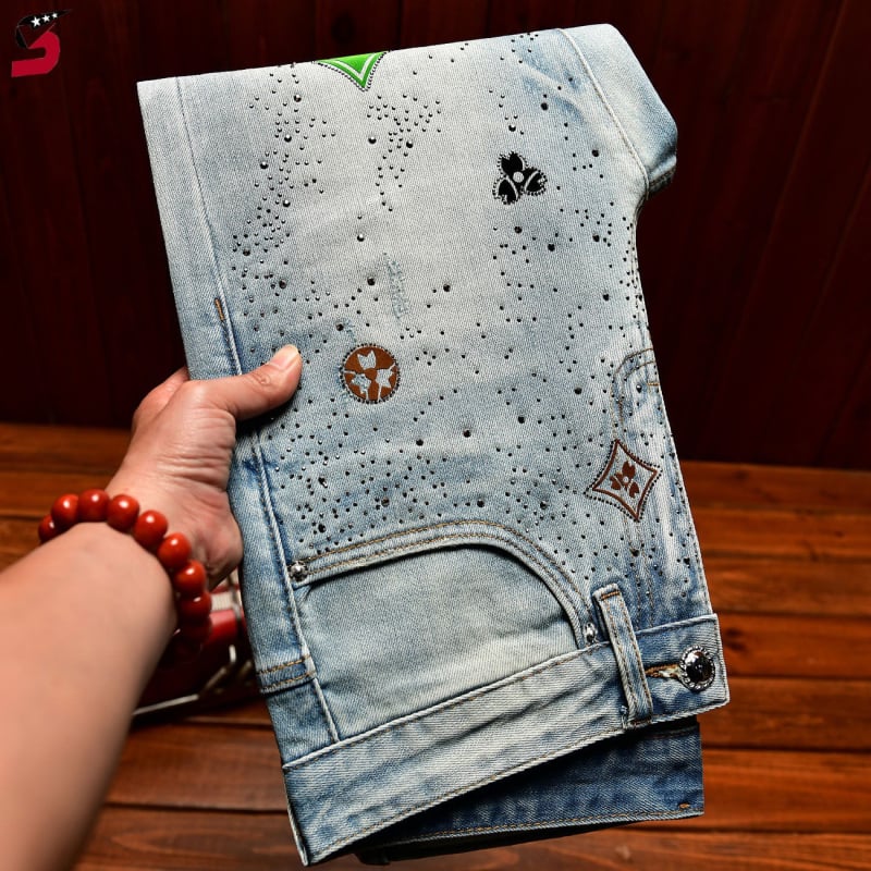 Blugi de denim pentru bărbați cu strasuri, croială dreaptă, stil coreean, albastru, elastici
