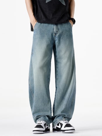 Blugi denim cu spălare vintage pentru bărbați, croială dreaptă relaxată, stil streetwear american, pantaloni denim casual versatili
