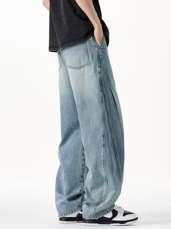 Blugi denim cu spălare vintage pentru bărbați, croială dreaptă relaxată, stil streetwear american, pantaloni denim casual versatili