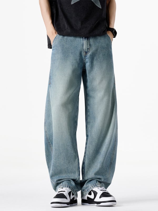 Blugi denim cu spălare vintage pentru bărbați, croială dreaptă relaxată, stil streetwear american, pantaloni denim casual versatili