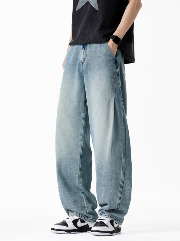 Blugi denim cu spălare vintage pentru bărbați, croială dreaptă relaxată, stil streetwear american, pantaloni denim casual versatili