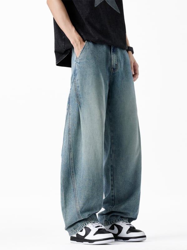 Blugi denim cu spălare vintage pentru bărbați, croială dreaptă relaxată, stil streetwear american, pantaloni denim casual versatili