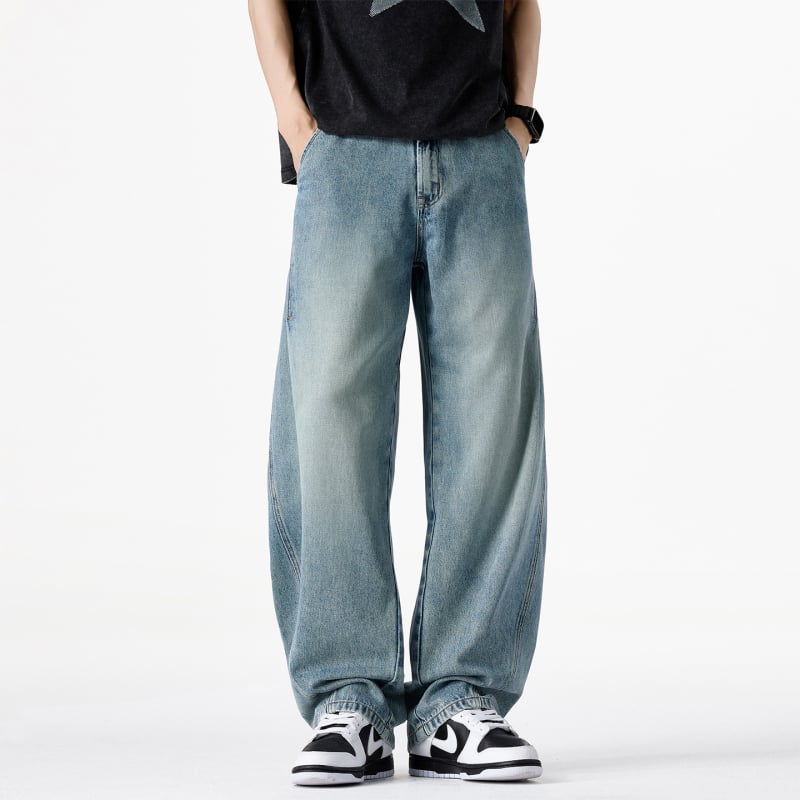 Blugi denim cu spălare vintage pentru bărbați, croială dreaptă relaxată, stil streetwear american, pantaloni denim casual versatili