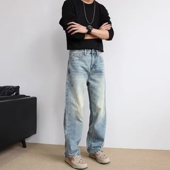 Blugi pentru bărbați drepti, croială lejeră, denim albastru deschis, din bumbac