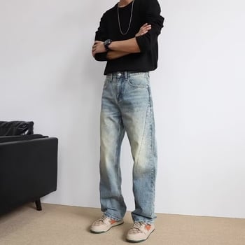 Blugi pentru bărbați drepti, croială lejeră, denim albastru deschis, din bumbac