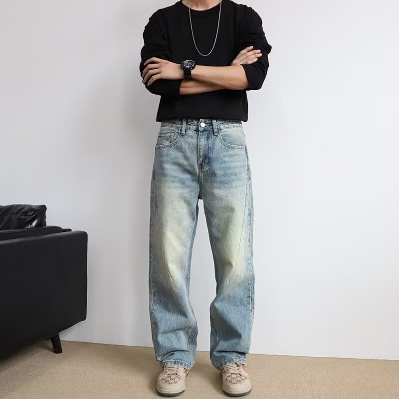 Blugi pentru bărbați drepti, croială lejeră, denim albastru deschis, din bumbac