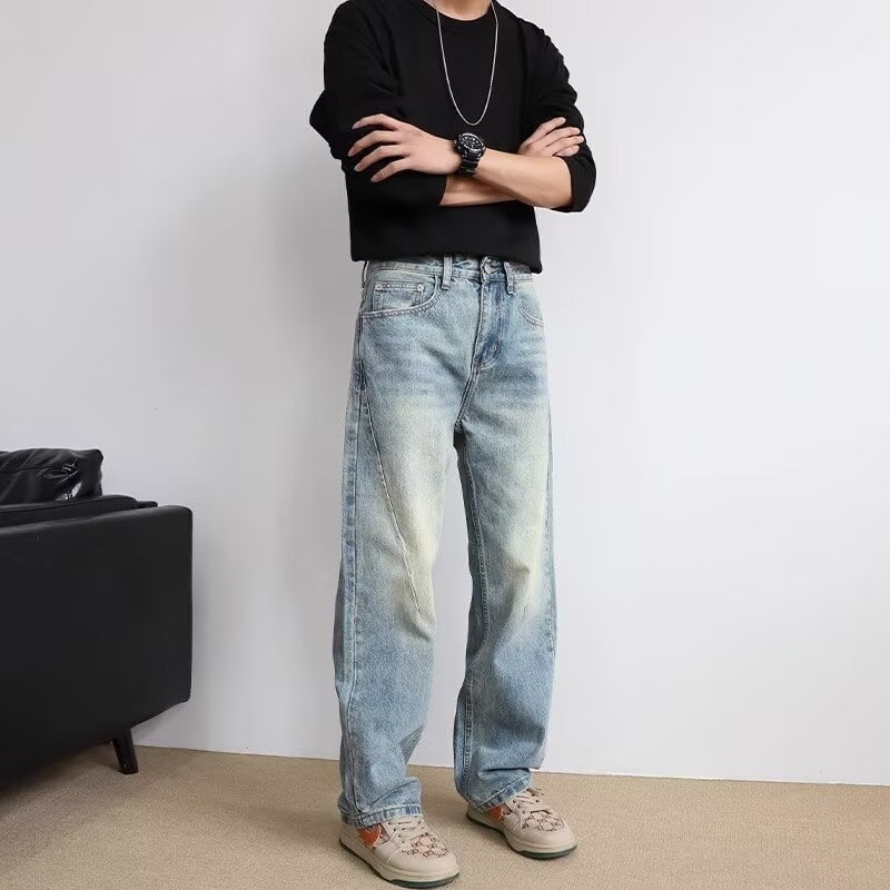 Blugi pentru bărbați drepti, croială lejeră, denim albastru deschis, din bumbac