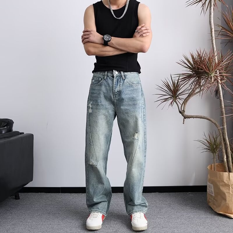 Blugi pentru bărbați drepti, croială lejeră, denim albastru deschis, din bumbac