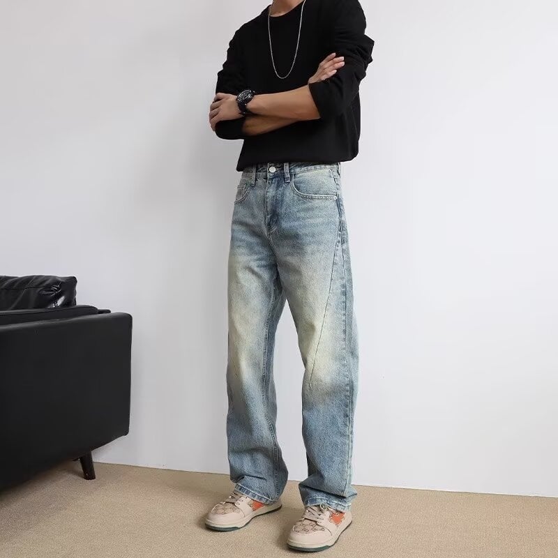 Blugi pentru bărbați drepti, croială lejeră, denim albastru deschis, din bumbac