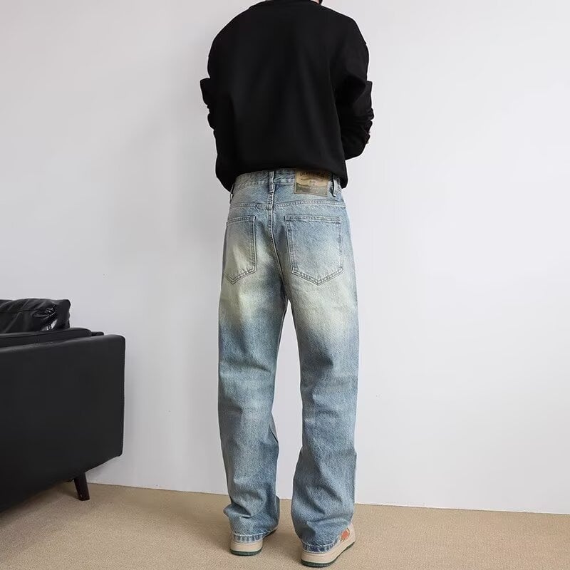 Blugi pentru bărbați drepti, croială lejeră, denim albastru deschis, din bumbac