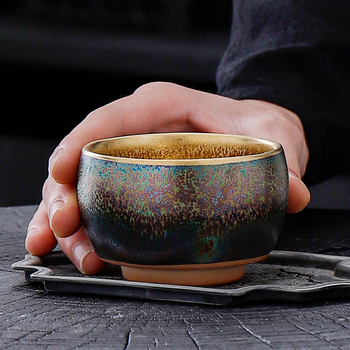 Ceainic Jian Zhan cu glazură multicoloră de paun și placare cu aur, ceramică lucrată manual, pentru uz personal, cadou