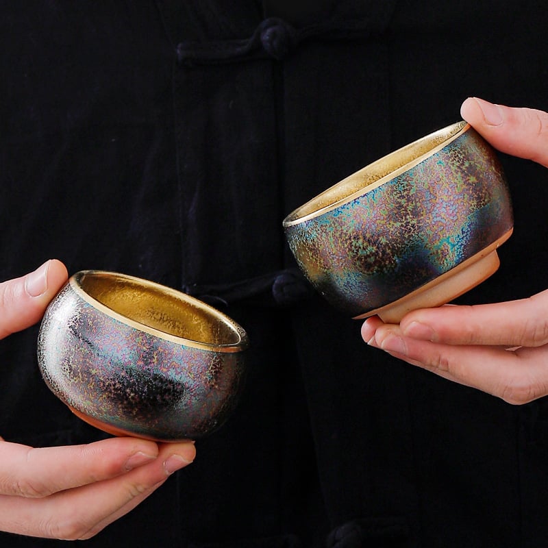 Ceainic Jian Zhan cu glazură multicoloră de paun și placare cu aur, ceramică lucrată manual, pentru uz personal, cadou