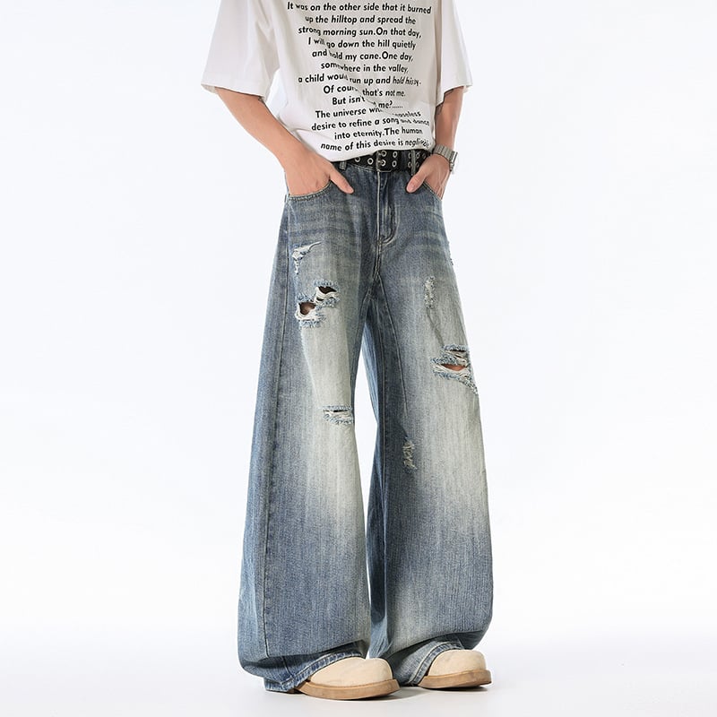 Blugi bărbați rupți, stil american retro, croială lejeră drept, drapat până la podea, largi