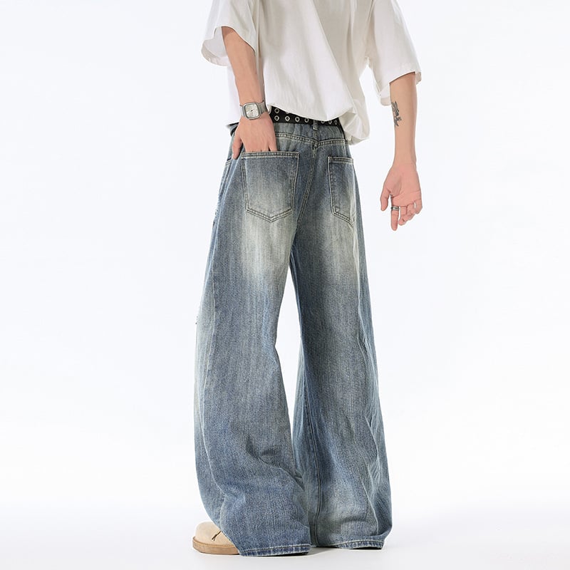 Blugi bărbați rupți, stil american retro, croială lejeră drept, drapat până la podea, largi