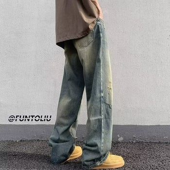 Blugi bărbați cu uzură și spălare, stil retro american, croială lejeră, drept