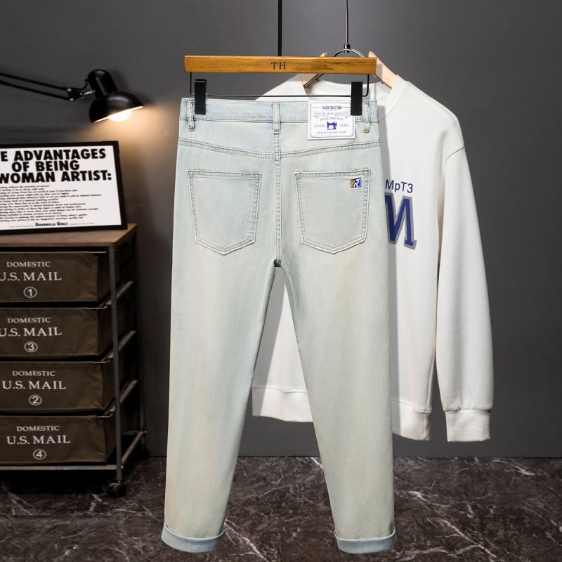 Jeans albastru deschis cu spălare vintage, elastici, croială slim straight pentru bărbați, pantaloni casual de vară, talie brodată