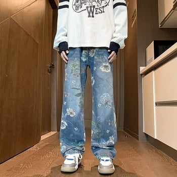 Blugi denim cu imprimeu pentru bărbați, vară, croială dreaptă, croială lejeră, lungime până la podea, stil High Street