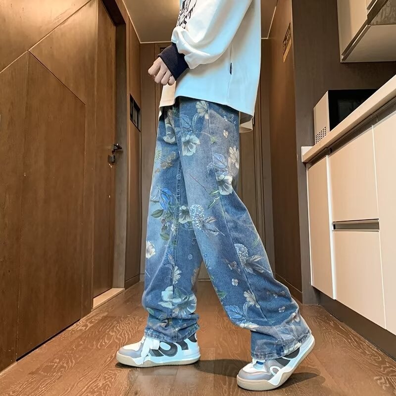 Blugi denim cu imprimeu pentru bărbați, vară, croială dreaptă, croială lejeră, lungime până la podea, stil High Street