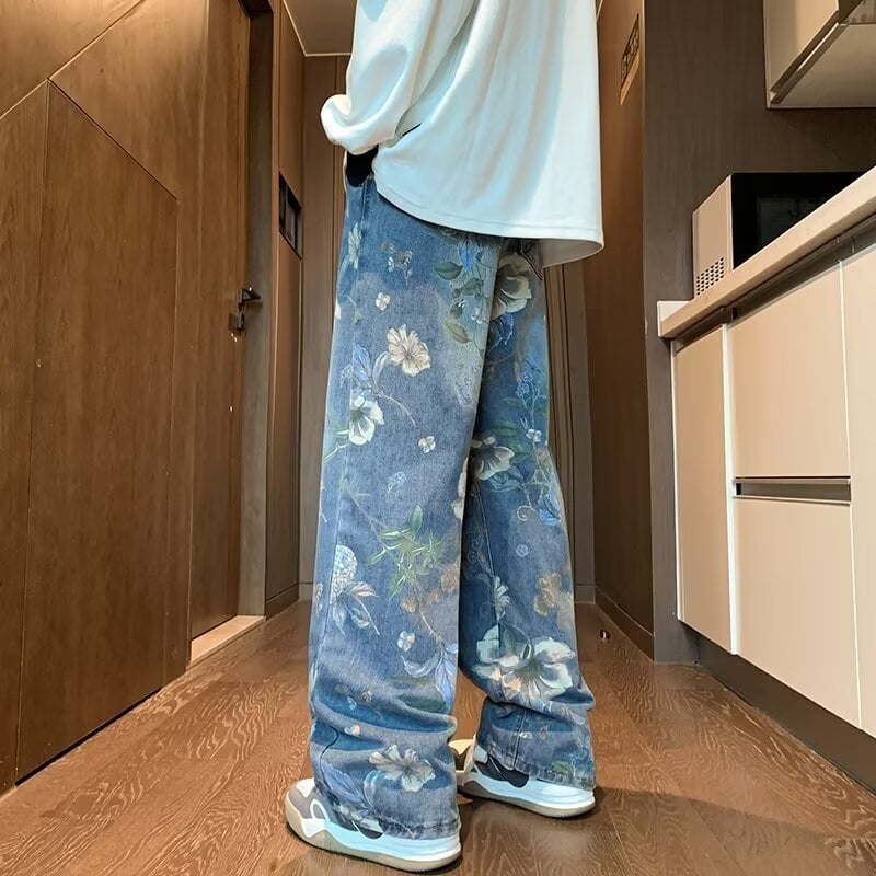 Blugi denim cu imprimeu pentru bărbați, vară, croială dreaptă, croială lejeră, lungime până la podea, stil High Street