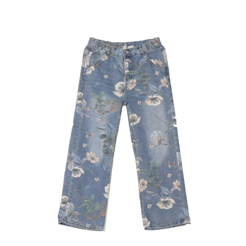 Blugi denim cu imprimeu pentru bărbați, vară, croială dreaptă, croială lejeră, lungime până la podea, stil High Street