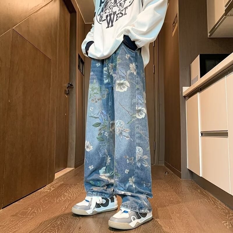 Blugi denim cu imprimeu pentru bărbați, vară, croială dreaptă, croială lejeră, lungime până la podea, stil High Street
