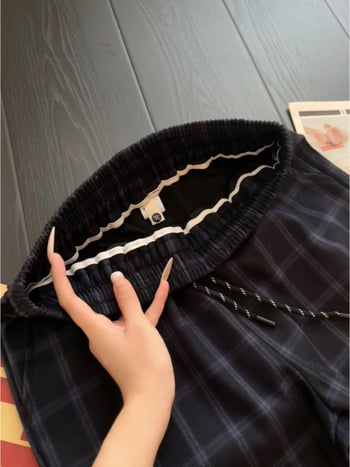 Pantaloni casual pentru bărbați, talie elastică, în carouri, croială lejeră, largi, blocuri de culoare