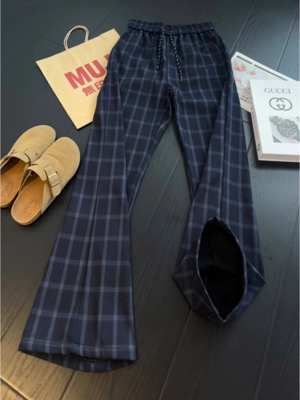 Pantaloni casual pentru bărbați, talie elastică, în carouri, croială lejeră, largi, blocuri de culoare