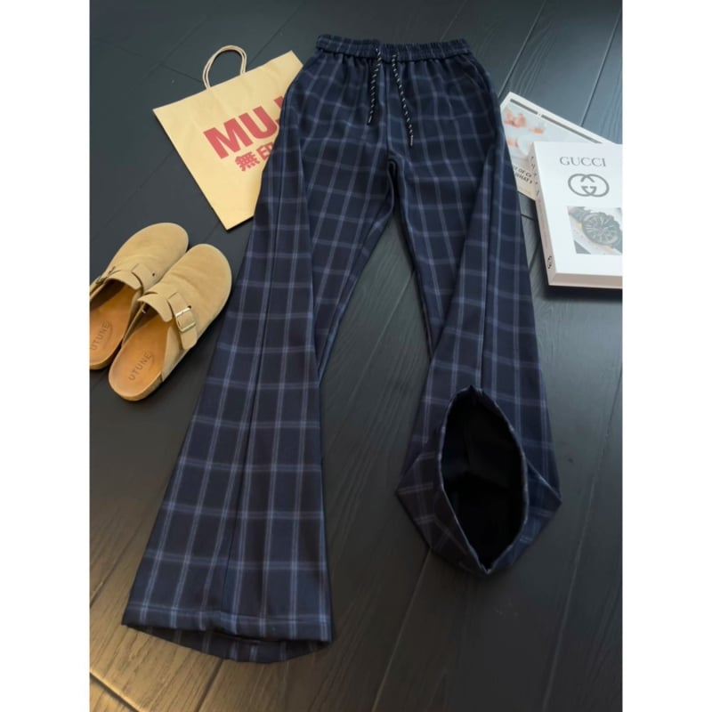Pantaloni casual pentru bărbați, talie elastică, în carouri, croială lejeră, largi, blocuri de culoare