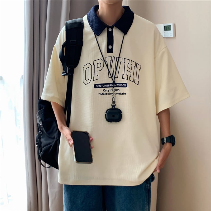 Polo pentru bărbați cu textură waffle, mâneci scurte, stil japonez, vară casual, croială lejeră