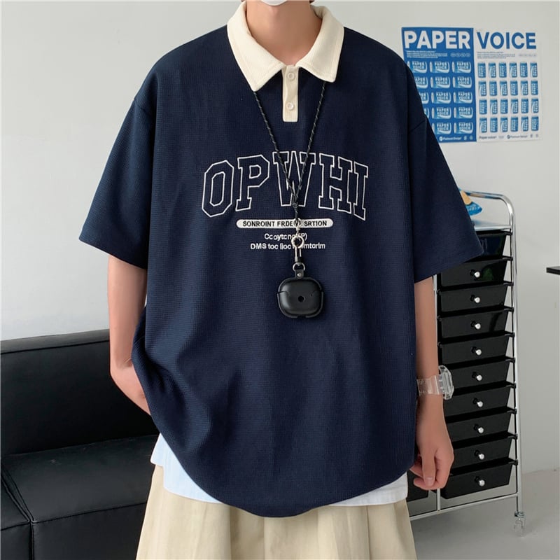 Polo pentru bărbați cu textură waffle, mâneci scurte, stil japonez, vară casual, croială lejeră