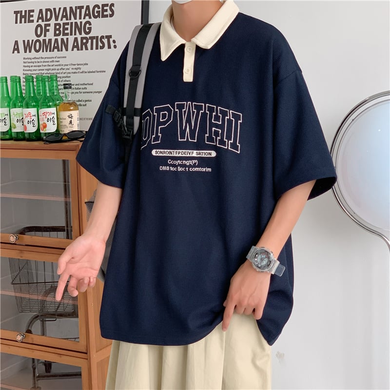 Polo pentru bărbați cu textură waffle, mâneci scurte, stil japonez, vară casual, croială lejeră